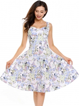 

Green Vintage Sleeveless Floral Print Swing Dress, Multicolor