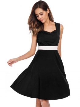 

Black Vintage Sleeveless Patchwork Pentagon Neck Swing Dress, Multicolor