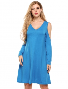 

Blue Women V-Neck Cold Shoulder Solid Loose Dress, Multicolor