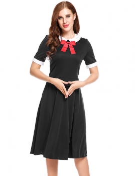 

Black Doll Collar Patchwork Elastic A-Line Pleated Hem Dress, Multicolor