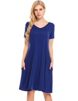 

Blue Short Sleeve Solid V-Neck Pullover A-Line Dress, Multicolor