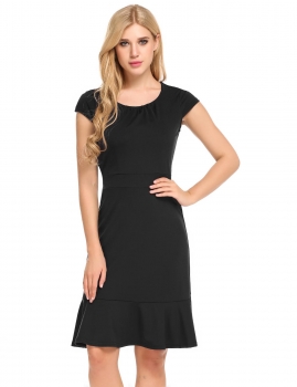 

Black Cap Sleeve Front Draped Belted Ruffles Hem Dress, Multicolor