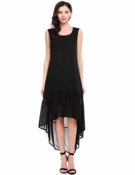 

Black Sleeveless Solid High Low Ruffles Hem Casual Dress, Multicolor