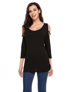 

Black Solid Cold Shoulder Batwing Sleeve Slim Fit Tops, Multicolor