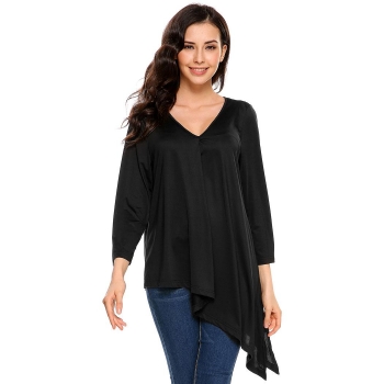 

Black Asymmetrical Hem V-Neck Long Sleeve Loose Fit Tops, Multicolor