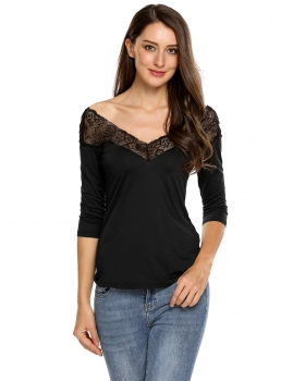 

Black Double V Neck 3"4 Sleeve Lace Patchwork Slim Fit Tops, Multicolor