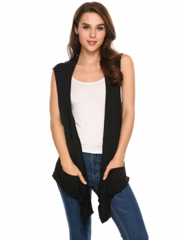 

Black Sleeveless Collarless Solid Asymmetrical Hem Cardigan, Multicolor