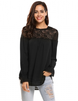 

Black Puff Sleeve Lace Patchwork O-Neck Chiffon Blouse, Multicolor