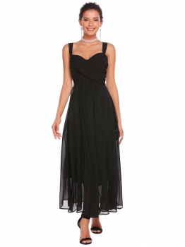 

Black Wide Strap Sleeveless A-Line Ruched Dress, Multicolor