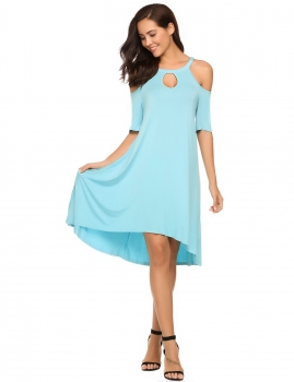 

Blue Cold Shoulder Keyhole Solid Irregular Loose Dress, Multicolor