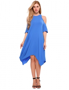 

Blue Cold Shoulder Irregular Hem Casual Loose Dress, Multicolor