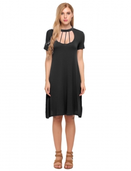 

Black Cut Out Short Sleeve Solid Casual Tunic Dress, Multicolor