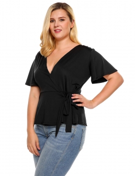 

Black Plus Size V-Neck Bell Sleeve Slim Fit Belted Tops, Multicolor