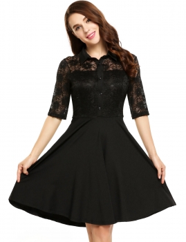 

Black Lace Patchwork Button-Down Swing Dress, Multicolor