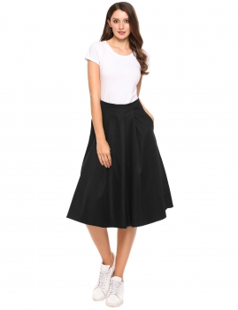 

Black High Waist A Line Retro Style Pleated Solid Skirt, Multicolor