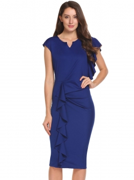 

Blue Solid Ruffles Notch Neck Cap Sleeve Draped Dress, Multicolor