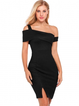 

Black Solid Sleeveless One Shoulder Evening Bodycon Club Pencil Dress, Multicolor