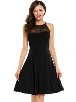 

Black Sleeveless Mesh Patchwork Solid A-Line Dress, Multicolor