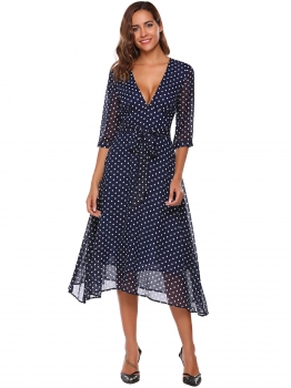 

Navy blue Plunging Neck 3"4 Sleeve Dot Floral Dress, Multicolor