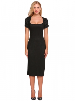 

Black Square Neck Ruched Sleeve Solid Pencil Dress, Multicolor