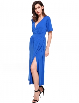 

Blue Kimono Sleeve V Neck Side Split Solid Maxi Dress, Multicolor