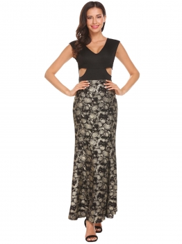

Gold V-Neck V Back Cut Out Print Tank Long Maxi Party Dress, Multicolor