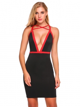 

Black red Plunging Neck Cross Strap Backless Patchwork Dress, Multicolor