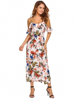 

White Cold Shoulder Ruffles Floral Maxi Dress, Multicolor