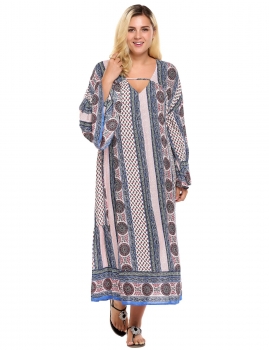 

Blue Plus Sizes Loose Flare Sleeve Print Slit Loose Dress, Multicolor