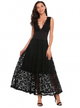 

Black Double V-neck Sleeveless Lace Maxi Evening Long Dress, Multicolor