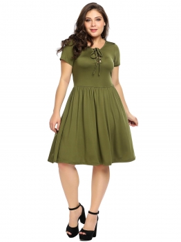 

Army green Solid Plus Size Lace-up V-Neck Short Sleeve A-Line Dress, Multicolor