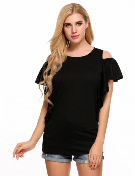 

Black Solid O-Neck Ruffles Sleeves Cold Shoulder Tops, Multicolor