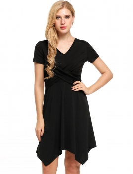 

Black Solid Ruched V Neck Asymmetrical Hem Dress, Multicolor