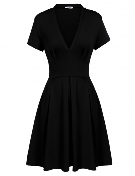 

Black Plunge Neck Short Sleeve Solid A-Line Dress, Multicolor