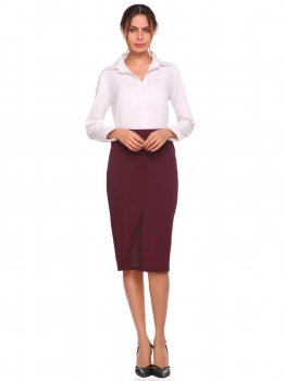 

Wine red Solid High Waist Package Hip Midi Pencil Skirt, Multicolor