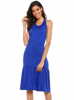 

Blue Sleeveless Racerback Solid Ruffled Hem Dress, Multicolor
