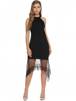 

Black Flower Trim Backless Sheer Mesh Irregular Hem Dress, Multicolor