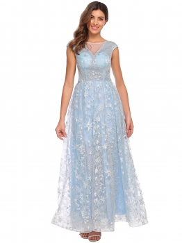 

Light blue Women's Elegant Cap Sleeve Star Tulle Evening Wedding Bridesmaid Maxi Dress, Multicolor