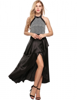 

Black Halter Backless Satin Split Party Prom Evening Maxi Dress, Multicolor