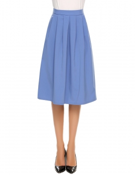 

Blue Solid High Waist Back Zipper Side Pocket A-Line Pleated Skirt, Multicolor
