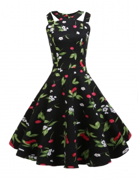 

Black Vintage Style Sleeveless Cut Out Print A-Line Dress, Multicolor