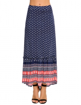 

Blue Printed Back Zipper Asymmetrical Pleated Hem Maxi Skirt, Multicolor