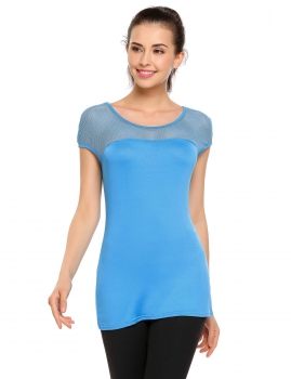 

Blue Mesh Patchwork Back Cut-out O-Neck Short Cap Sleeve Tops, Multicolor