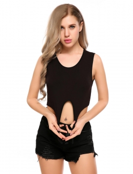 

Black O-Neck Sleeveless Solid Front Tie Crop Top, Multicolor