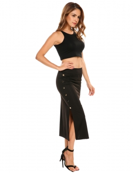 

Black High Waist Solid Side Button Split Calf Pencil Skirt, Multicolor