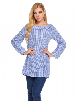 

Blue Plaid Back Button Collared Long Sleeve Tops, Multicolor