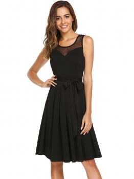 

Black Sleeveless Mesh Patchwork Dress with Belt, Multicolor