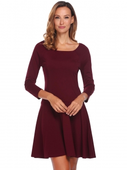 

Wine red Women O-Neck Long Sleeve Solid Casual Slim Fit Cocktail Party Mini Dress, Multicolor