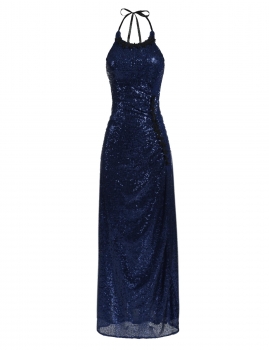 

Navy blue Sequined Sleeveless Halter Evening Maxi Dress, Multicolor