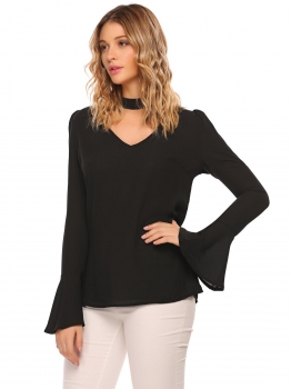 

Black V-Neck bell Sleeve Solid Chiffon Blouse, Multicolor